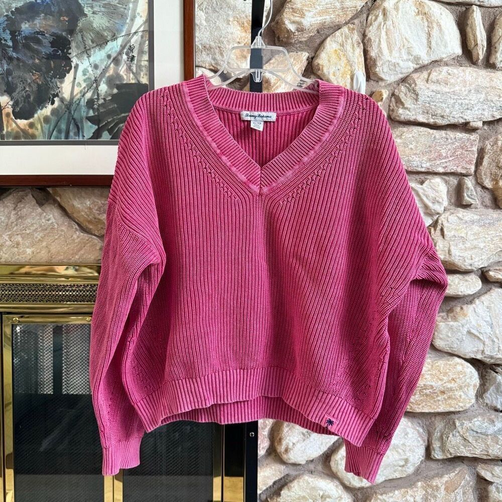 Tommy Bahama 100% cotton women’s INDIGO PALMS COTTON V-NECK SWEATER xl beachy pr